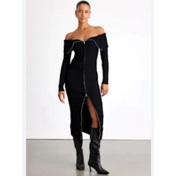 New Lulu’s Elegant Aura Black Off-Shoulder Zip Front Sweater Dress Sz XL - Picture 7 of 7